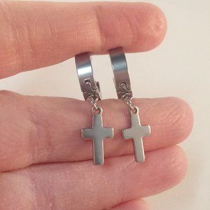 Mens Silver Stainless Steel Cross Hoop Earrings